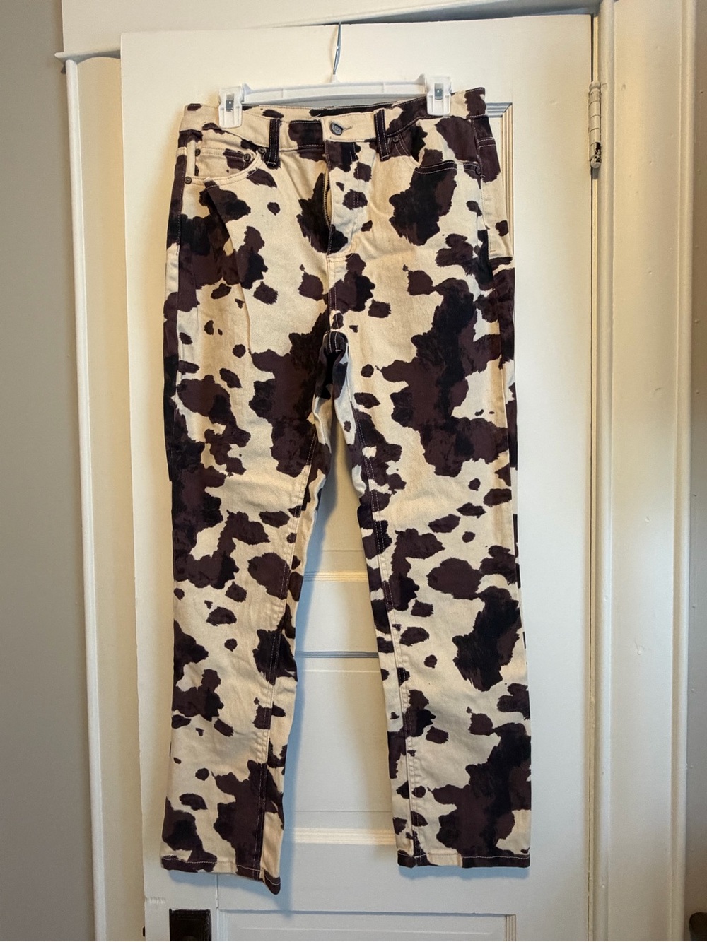 Oat New York Women's Cream and Brown Cow Print Straight Leg Jeans